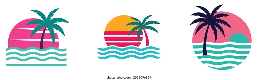 Set of retro sunsets in the style of the 80s and 90s. Abstract background with a sunny gradient. Silhouettes of palm trees. Vector design template for logo, badges. Isolated white background.