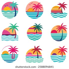 Set of retro sunsets in the style of the 80s and 90s. Abstract background with a sunny gradient. Silhouettes of palm trees. Vector design template for logo, badges. Isolated white background.