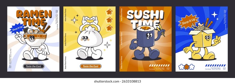 Set of retro sushi character posters - banner ads or invitations with cute mascots. Cartoon humanized asian food elements in kawaii anime style - ramen bowl, maki roll, noodle box and baozi walking.
