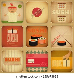 Set of Retro Sushi Labels in Vintage Style in Square format. Vector Illustration.