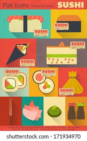 Set of Retro Sushi Labels in Vintage. Flat Design.  Mobile UI Style.Vector Illustration.