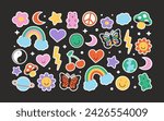 Set of retro symbol doodle illustration in trendy 90s art style. Colorful icon collection with cute vintage decoration. Includes rainbow, butterfly, flower and love heart hand drawn cartoon.