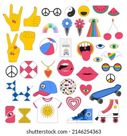 A set of retro symbols of the 90s. Gestures, peace symbol, skateboard, trolleybus ticket, sneakers and roller skates. Nostalgia for the 90s. Bright colored vector illustrations isolated on white
