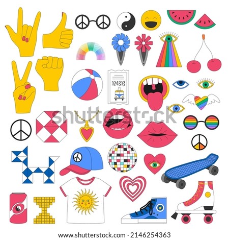 A set of retro symbols of the 90s. Gestures, peace symbol, skateboard, trolleybus ticket, sneakers and roller skates. Nostalgia for the 90s. Bright colored vector illustrations isolated on white