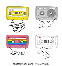 Set Of Retro Tape Cassettes. Vintage Mixtape. 1980s And 90s Pop Songs Tapes And Stereo Music Cassettes. Vector Illustration