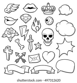 Set of retro tattoo symbols. Cartoon old school illustration.