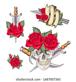 Set of retro tattoos in old school style