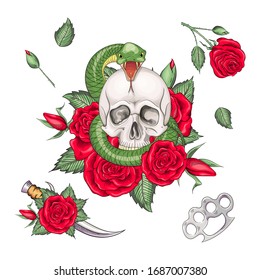 Set of retro tattoos in old school style