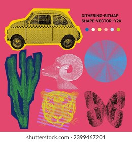 Set of retro taxi, ball, ram, cactus, tiger, butterfly. Digital art, web graphics, vintage-inspired branding. Dithering Bitmap Shape. Print for fashion and design. Vector illustration. Y2K.