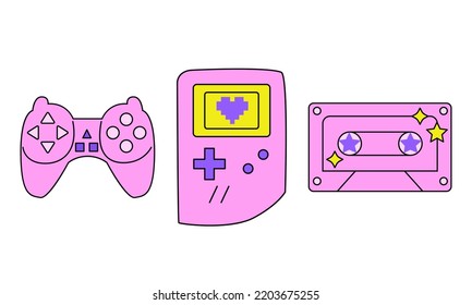 Set of retro  technologies: game joystick, gameboy and cassette. Cute pink gamer objects. Vector illustration in retrowave aesthetic