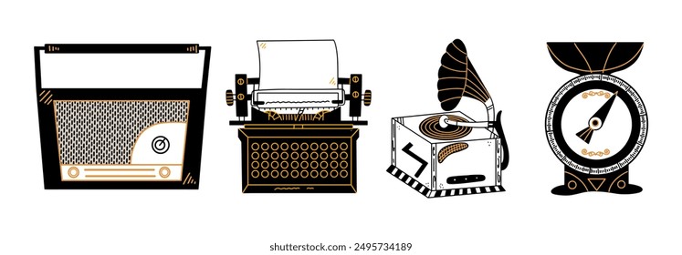 Set of retro technologies. Vintage objects, radio, scales, gramophone and typewriter