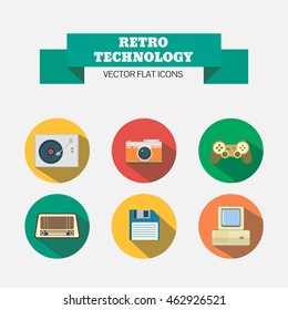 Set of retro technology icons of vinyl player, camera, joystick, radio, diskette and computer with keyboard.. Flat with shadows.