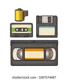 Set retro technology object. Floppy disk, photo film in cartridge, video and audio cassette. Vintage vector color engraving illustration. Isolated on white background. Hand drawn design element