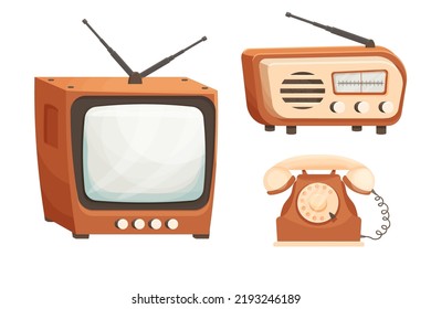Set retro telephone, tv and radio in comic cartoon style isolated on white background. Old technology, plastic devices. 