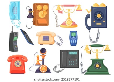 Conjunto de telefones retrô em design de desenho animado plano. Esta imagem mostra uma coleção de telefones com diferentes designs, mostrando a evolução da tecnologia de comunicação. Ilustração vetorial.