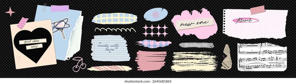 A set of retro textured torn paper, including ripped notebook sheets, rough jagged edges, and old newspaper fragments, arranged in a trendy 90s collage style. Photo Frame and brush stroke elements Y2K