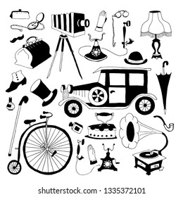 Set of retro things and accessories, black and white. Vector illustration, vintage design elements.