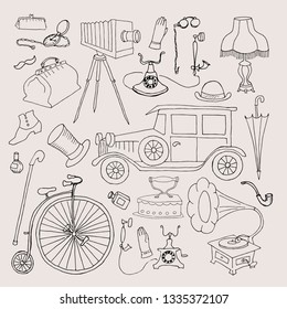 Set of retro things and accessories, lines, hand drawn sketch. Vector illustration, vintage design elements.