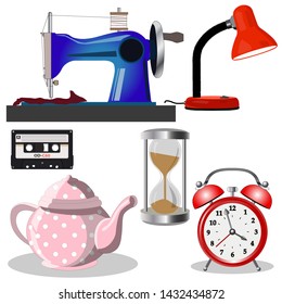 set of retro things, sewing machine, alarm clock, kettle, table lamp, audio cassette