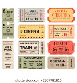 Set von Retro-Tickets. Vintage-Kino, Konzert, Reiten, Theater, Spielkarten. Altes Reiseticketing. Vektorgrafik-Kollektion.