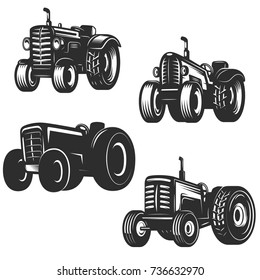 Set of retro tractor icons. Design elements for logo, label, emblem, sign. Vector illustration