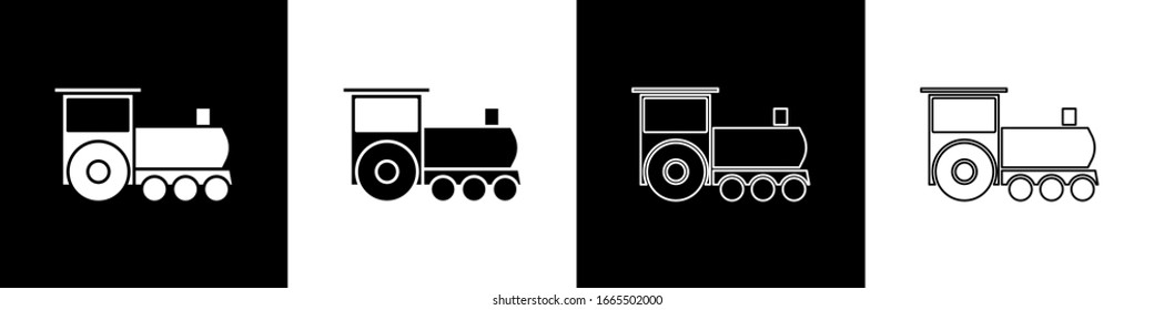 Ajuste el icono del tren Retro aislado en fondo blanco y negro. Símbolo de transporte público. Ilustración vectorial