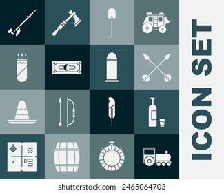 Conjunto de tren retro, botella de whisky y vidrio, flechas cruzadas, pala, pilas de dinero en efectivo de papel, Quiver con, tubo de fumar indígena indígena de América del Norte e icono de bala. Vector