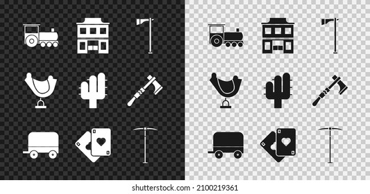 Set Retro train, Wild west saloon, Tomahawk axe, covered wagon, Playing cards, Pickaxe, saddle and Cactus icon. Vector