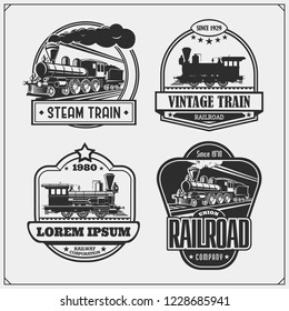 Set of retro trains emblems, labels, badges and design elements. Print design for t-shirts.