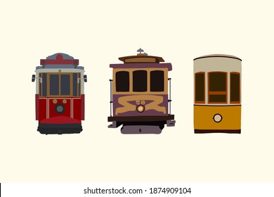 Set of retro tram. Vintage car detailed urban transport. Electric vehicles in the city. Transport collection, perfect for a travel card or leaflet design. Perfect for transport infographics, travel