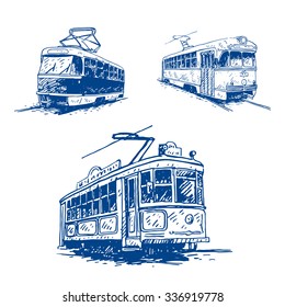 Set of retro trams. Picture of vintage transport. Old times. Vector hand drawn sketch.