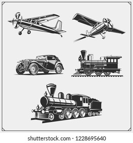 Set of retro transport. Airplane, train and car. Print design for t-shirts.