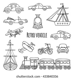 Set of retro transport. Black-and-white drawings by hand. Cars, locomotive, sailboat, plane, bicycle.
