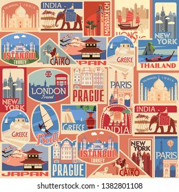 Set Of Retro Travel Stickers. Countries Of Asia, Europe, America And Africa. Vector Color Graphics