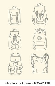 Set of retro trendy backpacks in cartoon style