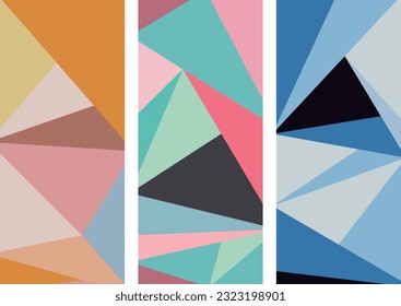 set of retro triangular geometric abstract banners, colorful triangles backgrounds