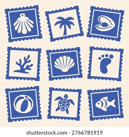 Set of Retro Tropical Beach Postcard Stamps, Vintage Ocean Vibes Print, Summer Travel Stamp, Vacation Postage Sticker Collection Vector Illustrations for T-Shirt, Scrapbook, Poster