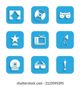 Set Retro tv, 3D cinema glasses, Movie trophy, spotlight, CD or DVD disk, Comedy and tragedy masks and Curtain icon. Vector