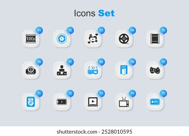 Set Retro tv, Actor star, Camera shutter, CD disk award in frame, Record button, Comedy and tragedy masks, Full HD 1080p and 3D cinema glasses icon. Vector