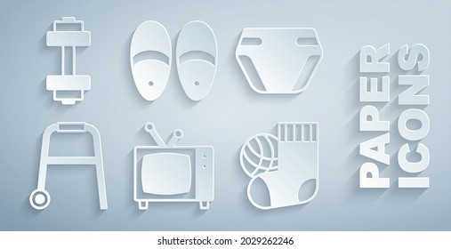 Set Retro tv, Adult diaper, Walker, Socks, Slippers and Dumbbell icon. Vector