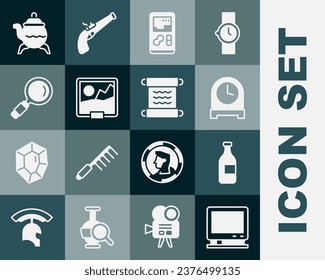 Set Retro tv, Botella de vino, Reloj de antigüedades, videoconsola portátil, Imagen, Vidrio de aumento, Tetera clásica e icono de desplazamiento del Papiro. Vector