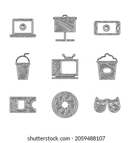 Set Retro Tv, Camera Shutter, Comedy And Tragedy Masks, Popcorn In Box, Cinema Ticket, Paper Glass With Straw, Online Play Video And  Icon. Vector