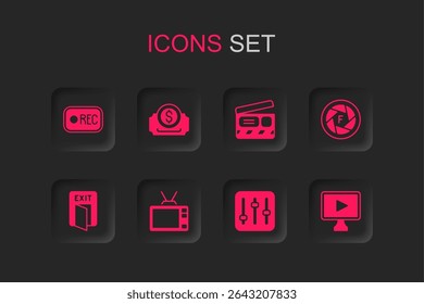 Set Retro tv, Cinema ticket, Record button, Sound mixer controller, Camera shutter, Online play video, Movie clapper and Fire exit icon. Vector