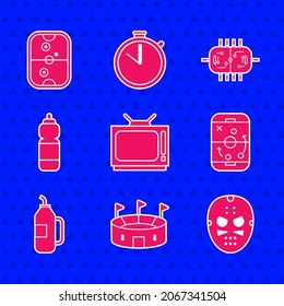 Set Retro tv, Hockey stadium, mask, Planning strategy, Fitness shaker, table and Air hockey icon. Vector
