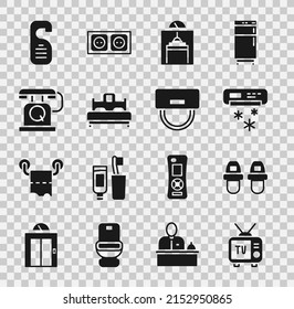 Set Retro tv, Hotel slippers, Air conditioner, Lift, Bedroom, Telephone handset, Please do not disturb and Bellboy hat icon. Vector