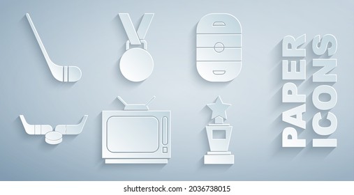 Set Retro tv, Ice hockey rink, sticks and puck, Award cup, Medal and  icon. Vector