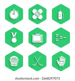 Set Retro tv, Ice hockey sticks, Hockey glove, Championship tournament bracket, helmet, Medal, Fitness shaker and Stopwatch icon. Vector