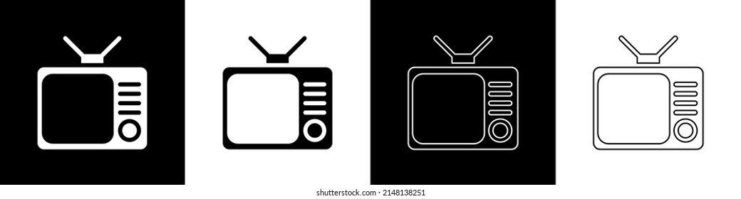 Set Retro tv icon isolated on black and white background. Television sign.  Vector Illustration