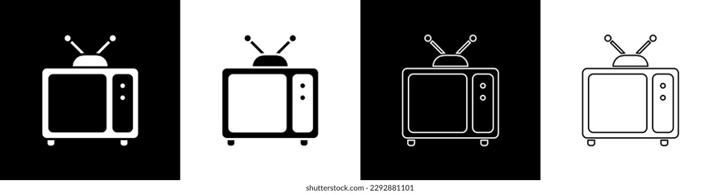 Set Retro tv icon isolated on black and white background. Television sign.  Vector Illustration