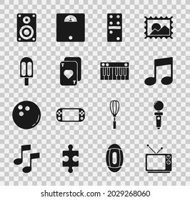 Set Retro tv, Joystick for arcade machine, Music note, tone, Domino, Playing cards, Ice cream, Stereo speaker and synthesizer icon. Vector